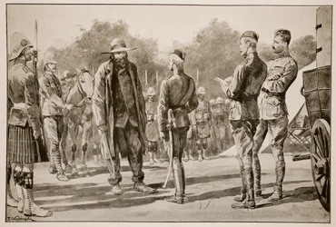 Majuba Day: O fazendeiro general Piet Cronje se rende a Lord Roberts em Paardeberg em 27 de fevereiro de 1900, a partir de um esboço de Frederic Villers (1851-1922)